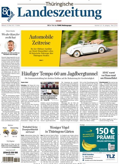 Titelbild der Ausgabe 123/2025 von Thüringische Landeszeitung Erfurt. Diese Zeitschrift und viele weitere Zeitungsabos als Abo oder epaper bei United Kiosk online kaufen.