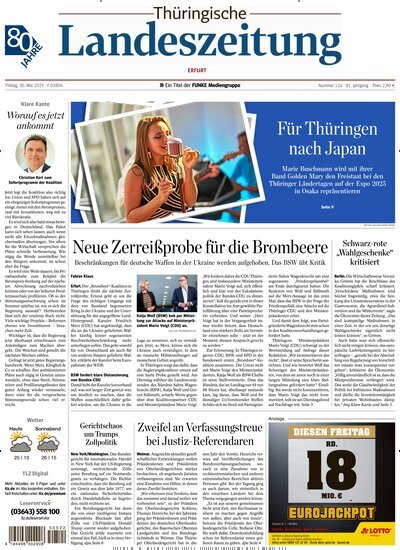 Titelbild der Ausgabe 124/2025 von Thüringische Landeszeitung Erfurt. Diese Zeitschrift und viele weitere Zeitungsabos als Abo oder epaper bei United Kiosk online kaufen.