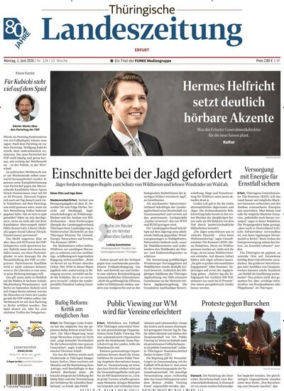 Titelbild der Ausgabe 124/2026 von Thüringische Landeszeitung Erfurt. Diese Zeitschrift und viele weitere Zeitungsabos als Abo oder epaper bei United Kiosk online kaufen.