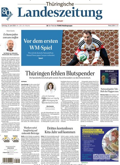 Titelbild der Ausgabe 135/2026 von Thüringische Landeszeitung Erfurt. Diese Zeitschrift und viele weitere Zeitungsabos als Abo oder epaper bei United Kiosk online kaufen.