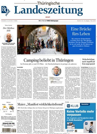 Titelbild der Ausgabe 136/2025 von Thüringische Landeszeitung Erfurt. Diese Zeitschrift und viele weitere Zeitungsabos als Abo oder epaper bei United Kiosk online kaufen.