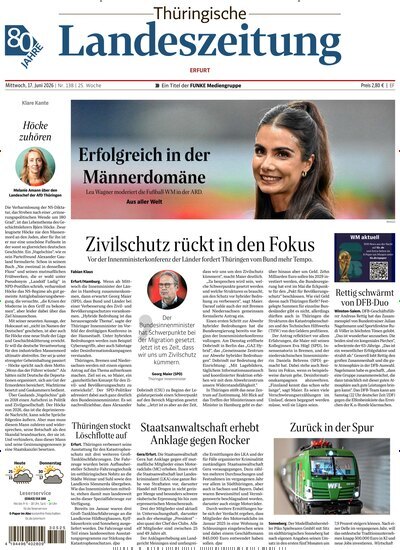 Titelbild der Ausgabe 138/2026 von Thüringische Landeszeitung Erfurt. Diese Zeitschrift und viele weitere Zeitungsabos als Abo oder epaper bei United Kiosk online kaufen.
