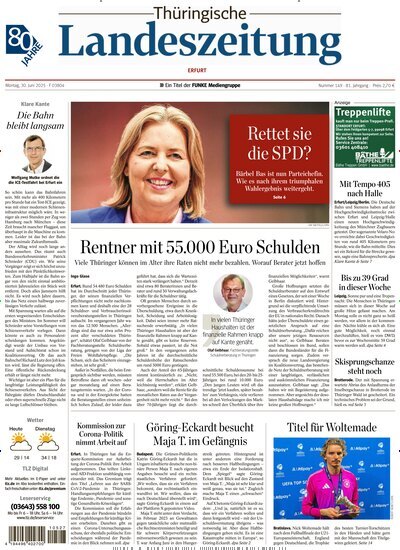 Titelbild der Ausgabe 149/2025 von Thüringische Landeszeitung Erfurt. Diese Zeitschrift und viele weitere Zeitungsabos als Abo oder epaper bei United Kiosk online kaufen.