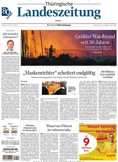 Titelbild der Ausgabe 153/2025 von Thüringische Landeszeitung Erfurt. Diese Zeitschrift und viele weitere Zeitungsabos als Abo oder epaper bei United Kiosk online kaufen.