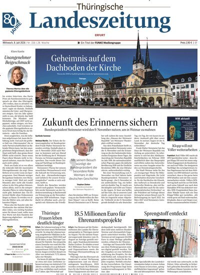 Titelbild der Ausgabe 156/2026 von Thüringische Landeszeitung Erfurt. Diese Zeitschrift und viele weitere Zeitungsabos als Abo oder epaper bei United Kiosk online kaufen.