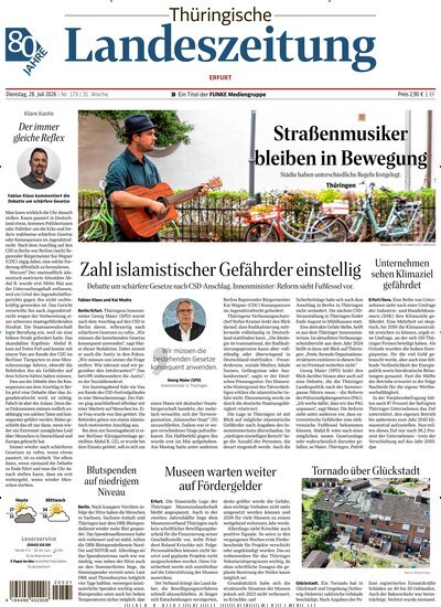 Titelbild der Ausgabe 173/2026 von Thüringische Landeszeitung Erfurt. Diese Zeitschrift und viele weitere Zeitungsabos als Abo oder epaper bei United Kiosk online kaufen.