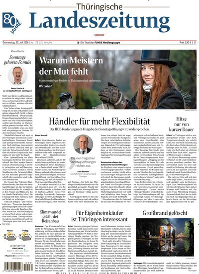 Titelbild der Ausgabe 175/2026 von Thüringische Landeszeitung Erfurt. Diese Zeitschrift und viele weitere Zeitungsabos als Abo oder epaper bei United Kiosk online kaufen.