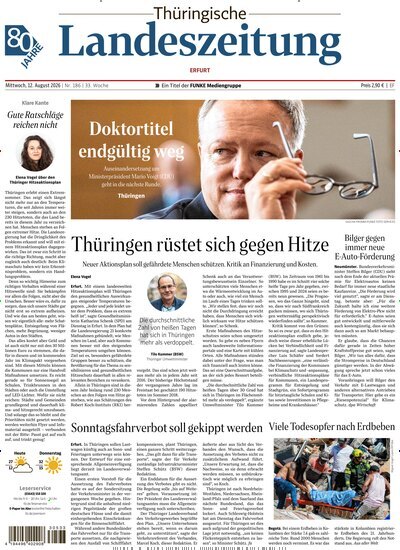 Titelbild der Ausgabe 186/2026 von Thüringische Landeszeitung Erfurt. Diese Zeitschrift und viele weitere Zeitungsabos als Abo oder epaper bei United Kiosk online kaufen.