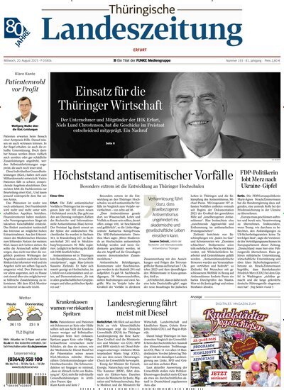 Titelbild der Ausgabe 193/2025 von Thüringische Landeszeitung Erfurt. Diese Zeitschrift und viele weitere Zeitungsabos als Abo oder epaper bei United Kiosk online kaufen.