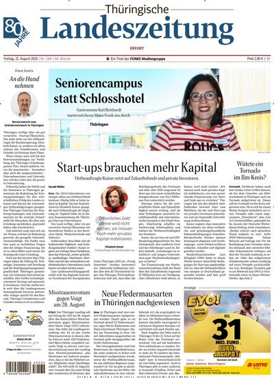 Titelbild der Ausgabe 194/2026 von Thüringische Landeszeitung Erfurt. Diese Zeitschrift und viele weitere Zeitungsabos als Abo oder epaper bei United Kiosk online kaufen.