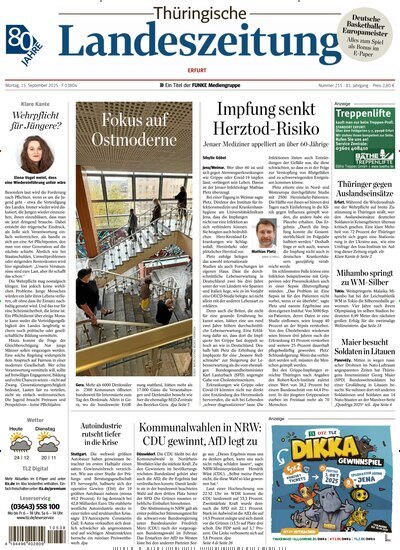Titelbild der Ausgabe 215/2025 von Thüringische Landeszeitung Erfurt. Diese Zeitschrift und viele weitere Zeitungsabos als Abo oder epaper bei United Kiosk online kaufen.