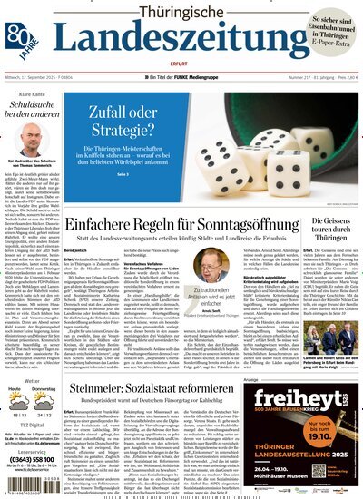 Titelbild der Ausgabe 217/2025 von Thüringische Landeszeitung Erfurt. Diese Zeitschrift und viele weitere Zeitungsabos als Abo oder epaper bei United Kiosk online kaufen.