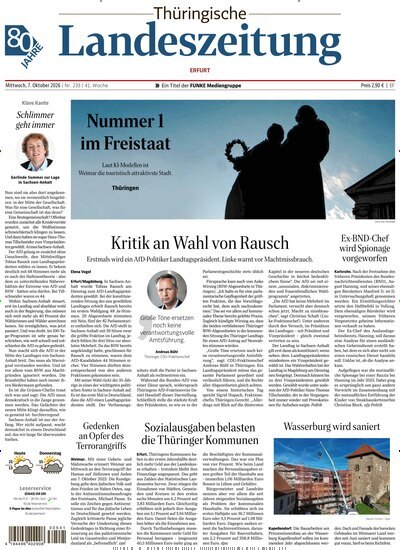 Titelbild der Ausgabe 233/2026 von Thüringische Landeszeitung Erfurt. Diese Zeitschrift und viele weitere Zeitungsabos als Abo oder epaper bei United Kiosk online kaufen.