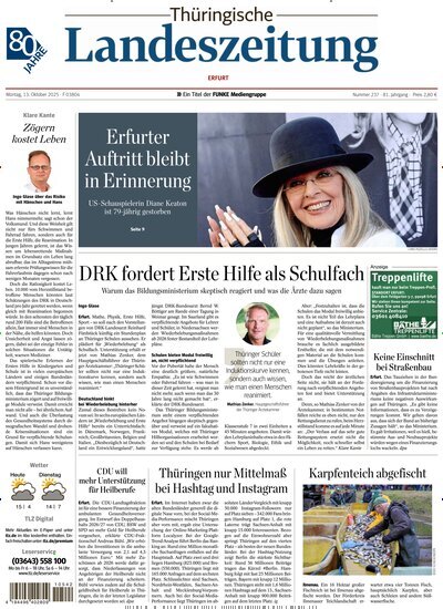 Titelbild der Ausgabe 237/2025 von Thüringische Landeszeitung Erfurt. Diese Zeitschrift und viele weitere Zeitungsabos als Abo oder epaper bei United Kiosk online kaufen.