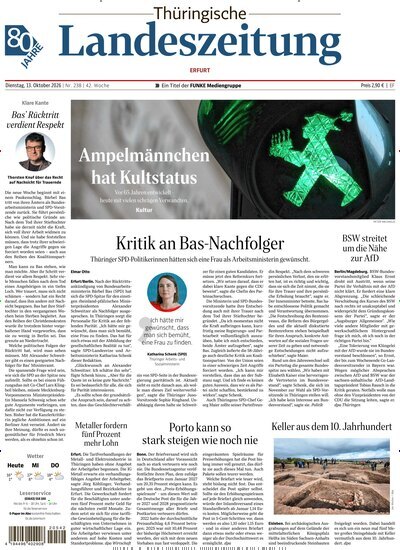 Titelbild der Ausgabe 238/2026 von Thüringische Landeszeitung Erfurt. Diese Zeitschrift und viele weitere Zeitungsabos als Abo oder epaper bei United Kiosk online kaufen.