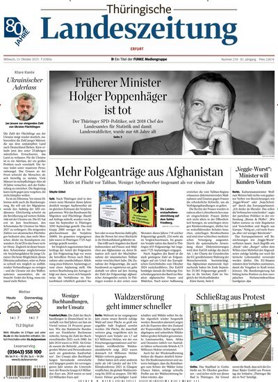Titelbild der Ausgabe 239/2025 von Thüringische Landeszeitung Erfurt. Diese Zeitschrift und viele weitere Zeitungsabos als Abo oder epaper bei United Kiosk online kaufen.