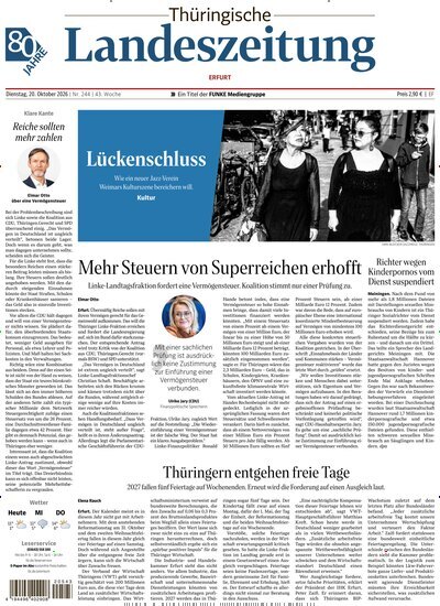 Titelbild der Ausgabe 244/2026 von Th&uuml;ringische Landeszeitung Erfurt. Diese Zeitschrift und viele weitere Zeitungsabos als Abo oder epaper bei United Kiosk online kaufen.