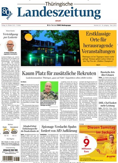 Titelbild der Ausgabe 247/2025 von Thüringische Landeszeitung Erfurt. Diese Zeitschrift und viele weitere Zeitungsabos als Abo oder epaper bei United Kiosk online kaufen.