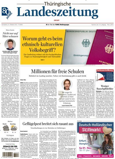 Titelbild der Ausgabe 248/2025 von Thüringische Landeszeitung Erfurt. Diese Zeitschrift und viele weitere Zeitungsabos als Abo oder epaper bei United Kiosk online kaufen.