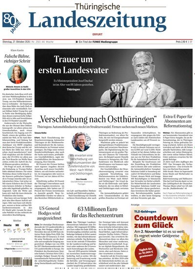 Titelbild der Ausgabe 250/2026 von Thüringische Landeszeitung Erfurt. Diese Zeitschrift und viele weitere Zeitungsabos als Abo oder epaper bei United Kiosk online kaufen.