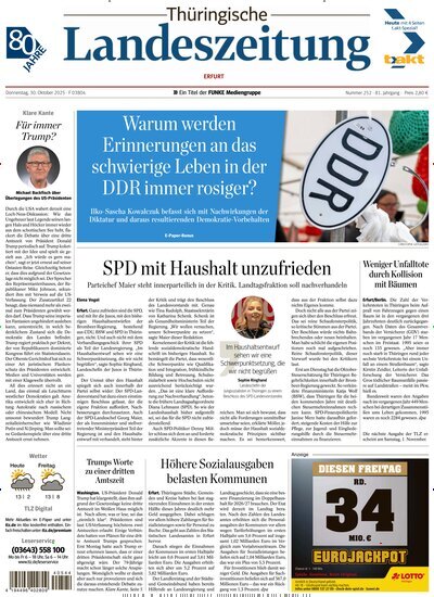 Titelbild der Ausgabe 252/2025 von Thüringische Landeszeitung Erfurt. Diese Zeitschrift und viele weitere Zeitungsabos als Abo oder epaper bei United Kiosk online kaufen.