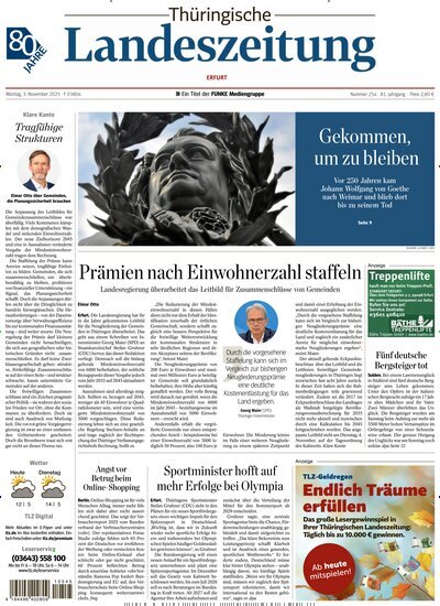 Titelbild der Ausgabe 254/2025 von Thüringische Landeszeitung Erfurt. Diese Zeitschrift und viele weitere Zeitungsabos als Abo oder epaper bei United Kiosk online kaufen.