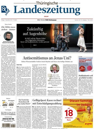 Titelbild der Ausgabe 258/2025 von Thüringische Landeszeitung Erfurt. Diese Zeitschrift und viele weitere Zeitungsabos als Abo oder epaper bei United Kiosk online kaufen.