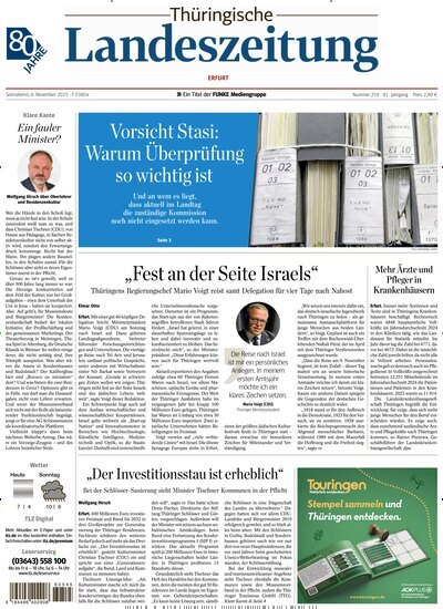 Titelbild der Ausgabe 259/2025 von Thüringische Landeszeitung Erfurt. Diese Zeitschrift und viele weitere Zeitungsabos als Abo oder epaper bei United Kiosk online kaufen.