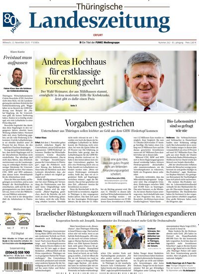 Titelbild der Ausgabe 262/2025 von Thüringische Landeszeitung Erfurt. Diese Zeitschrift und viele weitere Zeitungsabos als Abo oder epaper bei United Kiosk online kaufen.