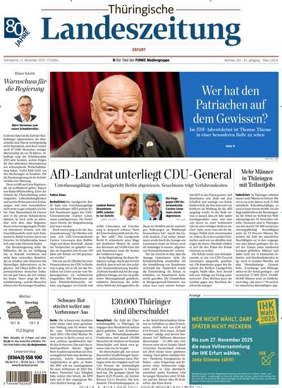 Titelbild der Ausgabe 265/2025 von Thüringische Landeszeitung Erfurt. Diese Zeitschrift und viele weitere Zeitungsabos als Abo oder epaper bei United Kiosk online kaufen.
