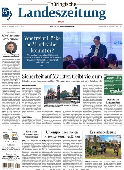 Titelbild der Ausgabe 266/2025 von Thüringische Landeszeitung Erfurt. Diese Zeitschrift und viele weitere Zeitungsabos als Abo oder epaper bei United Kiosk online kaufen.