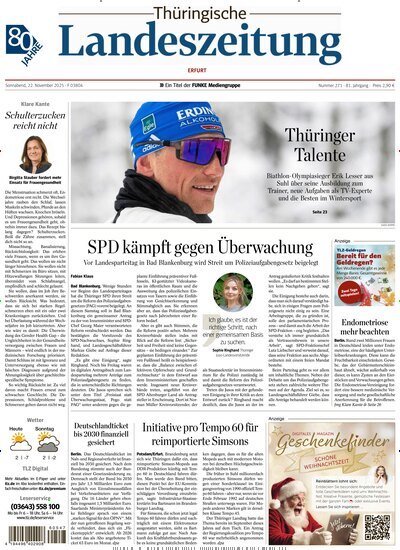 Titelbild der Ausgabe 271/2025 von Thüringische Landeszeitung Erfurt. Diese Zeitschrift und viele weitere Zeitungsabos als Abo oder epaper bei United Kiosk online kaufen.