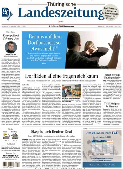 Titelbild der Ausgabe 277/2025 von Thüringische Landeszeitung Erfurt. Diese Zeitschrift und viele weitere Zeitungsabos als Abo oder epaper bei United Kiosk online kaufen.