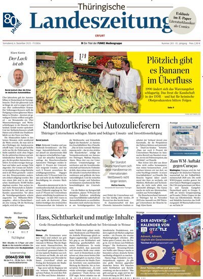 Titelbild der Ausgabe 283/2025 von Thüringische Landeszeitung Erfurt. Diese Zeitschrift und viele weitere Zeitungsabos als Abo oder epaper bei United Kiosk online kaufen.
