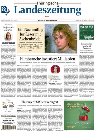 Titelbild der Ausgabe 284/2025 von Thüringische Landeszeitung Erfurt. Diese Zeitschrift und viele weitere Zeitungsabos als Abo oder epaper bei United Kiosk online kaufen.