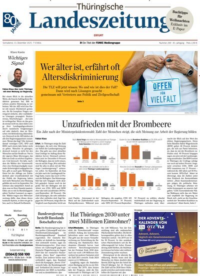 Titelbild der Ausgabe 289/2025 von Thüringische Landeszeitung Erfurt. Diese Zeitschrift und viele weitere Zeitungsabos als Abo oder epaper bei United Kiosk online kaufen.