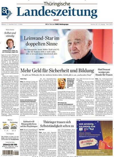 Titelbild der Ausgabe 292/2025 von Thüringische Landeszeitung Erfurt. Diese Zeitschrift und viele weitere Zeitungsabos als Abo oder epaper bei United Kiosk online kaufen.