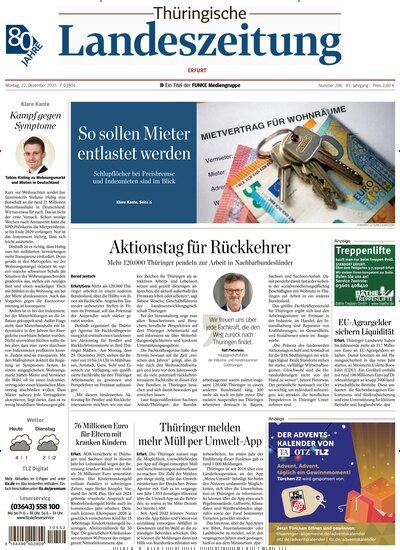 Titelbild der Ausgabe 296/2025 von Thüringische Landeszeitung Erfurt. Diese Zeitschrift und viele weitere Zeitungsabos als Abo oder epaper bei United Kiosk online kaufen.
