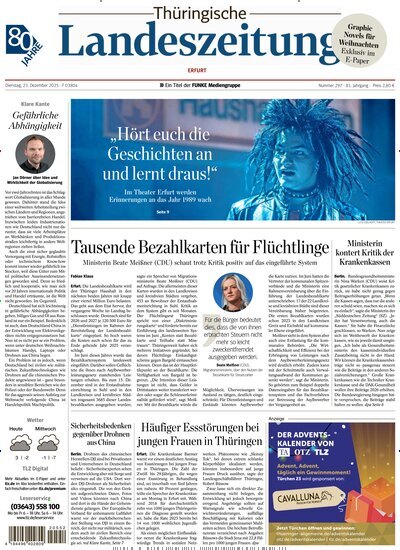 Titelbild der Ausgabe 297/2025 von Thüringische Landeszeitung Erfurt. Diese Zeitschrift und viele weitere Zeitungsabos als Abo oder epaper bei United Kiosk online kaufen.