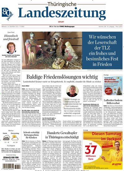Titelbild der Ausgabe 298/2025 von Thüringische Landeszeitung Erfurt. Diese Zeitschrift und viele weitere Zeitungsabos als Abo oder epaper bei United Kiosk online kaufen.