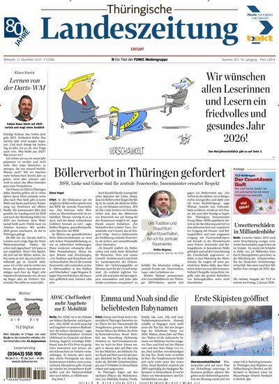 Titelbild der Ausgabe 302/2025 von Thüringische Landeszeitung Erfurt. Diese Zeitschrift und viele weitere Zeitungsabos als Abo oder epaper bei United Kiosk online kaufen.
