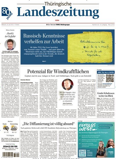 Titelbild der Ausgabe 163/2025 von Thüringische Landeszeitung Gera. Diese Zeitschrift und viele weitere Zeitungsabos als Abo oder epaper bei United Kiosk online kaufen.