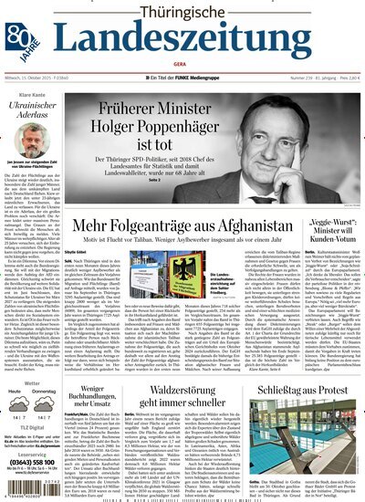 Titelbild der Ausgabe 239/2025 von Thüringische Landeszeitung Gera. Diese Zeitschrift und viele weitere Zeitungsabos als Abo oder epaper bei United Kiosk online kaufen.