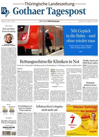 Titelbild der Ausgabe 130/2025 von Thüringische Landeszeitung Gotha. Diese Zeitschrift und viele weitere Zeitungsabos als Abo oder epaper bei United Kiosk online kaufen.