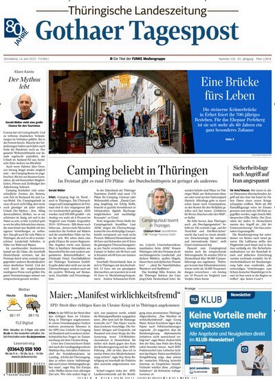 Titelbild der Ausgabe 136/2025 von Thüringische Landeszeitung Gotha. Diese Zeitschrift und viele weitere Zeitungsabos als Abo oder epaper bei United Kiosk online kaufen.