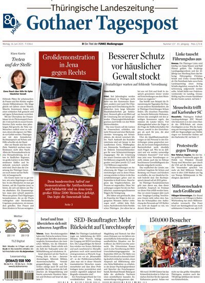 Titelbild der Ausgabe 137/2025 von Thüringische Landeszeitung Gotha. Diese Zeitschrift und viele weitere Zeitungsabos als Abo oder epaper bei United Kiosk online kaufen.