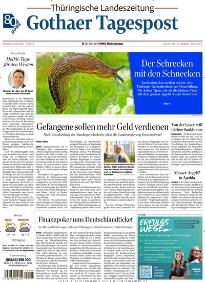 Titelbild der Ausgabe 138/2025 von Thüringische Landeszeitung Gotha. Diese Zeitschrift und viele weitere Zeitungsabos als Abo oder epaper bei United Kiosk online kaufen.