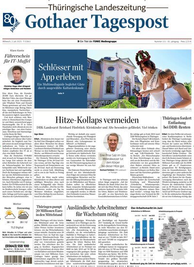 Titelbild der Ausgabe 151/2025 von Thüringische Landeszeitung Gotha. Diese Zeitschrift und viele weitere Zeitungsabos als Abo oder epaper bei United Kiosk online kaufen.