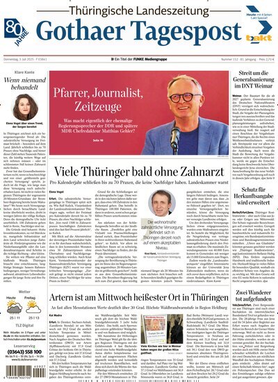 Titelbild der Ausgabe 152/2025 von Thüringische Landeszeitung Gotha. Diese Zeitschrift und viele weitere Zeitungsabos als Abo oder epaper bei United Kiosk online kaufen.