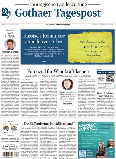 Titelbild der Ausgabe 163/2025 von Thüringische Landeszeitung Gotha. Diese Zeitschrift und viele weitere Zeitungsabos als Abo oder epaper bei United Kiosk online kaufen.